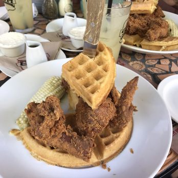Sur at The Barnyard - Chicken and waffles drizzles with lavender and thyme infused honey - New American Near Me - Carmel, California Sur at The Barnyard - Chicken and waffles drizzles with lavender and thyme infused honey - New American Near Me - Carmel, California