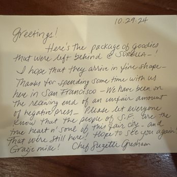 Sorella - Suzette's card in our box - Italian Near Me - San Francisco, California Sorella - Suzette's card in our box - Italian Near Me - San Francisco, California
