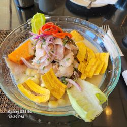 Toby’s Restaurant - Cerviche with plantain and sweet potato sides