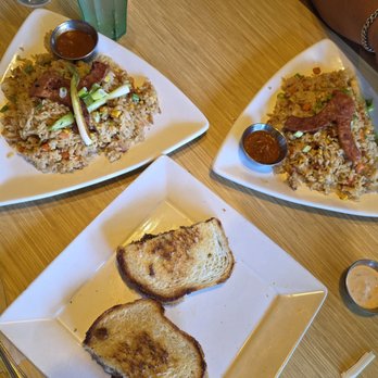 Canoe House - Top: 2x Hawaiian fried rice Bottom: Short rib melt (I recommend adding a side sriracha here...adds more flavor IMO) (DineLA menu entrees) - Hawaiian Near Me - South Pasadena, California