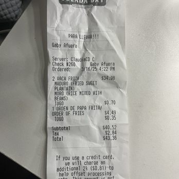 El Rinconcito Superlatino lll - Receipt showing all Togo items being charged an additional $.35 per item on your bill that won't be disclosed to you. - Cuban Near Me - Cutler Bay, Florida El Rinconcito Superlatino lll - Receipt showing all Togo items being charged an additional $.35 per item on your bill that won't be disclosed to you. - Cuban Near Me - Cutler Bay, Florida