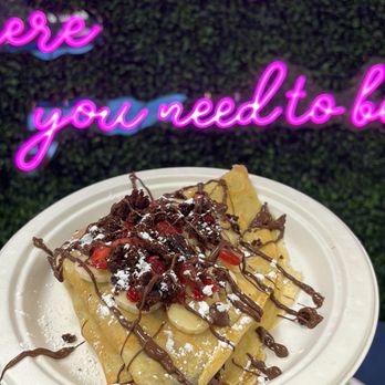 Waffles and Dreams - Strawberries, bananas, brownie bites and Nutella drizzle. Don't forget the powdered sugar. - Waffles Near Me - Fairfield, New Jersey Waffles and Dreams - Strawberries, bananas, brownie bites and Nutella drizzle. Don't forget the powdered sugar. - Waffles Near Me - Fairfield, New Jersey