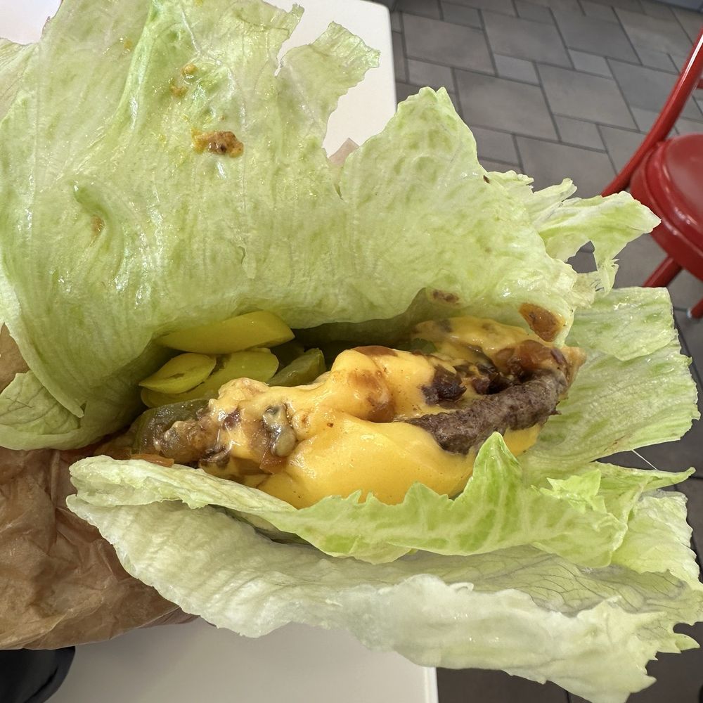 In-N-Out Burger - Double Double Mustard Grilled No Spread No Tomatoes Extra Pickles Grilled Onions Add Chilies Protein Style - Burgers Near Me - Sacramento, California
