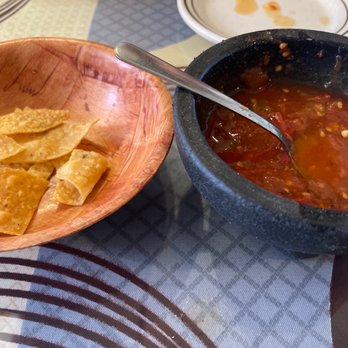Manjares Restaurant - Chips & Salsa almost all gone.  Salsa a little watery but spicy and delicious. - New American Near Me - Chicago, Illinois