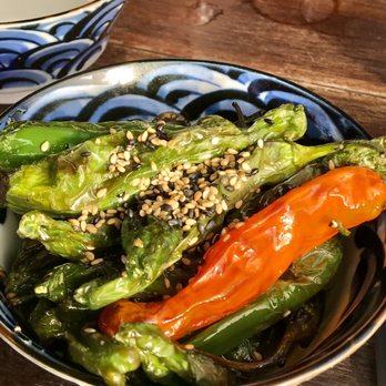 Kaiyo Rooftop - Shishito Peppers. Sal de maras (Peruvian pink salt), Ayu Gyosho sweetfish sauce, sesame seeds. - Peruvian Near Me - San Francisco, California Kaiyo Rooftop - Shishito Peppers. Sal de maras (Peruvian pink salt), Ayu Gyosho sweetfish sauce, sesame seeds. - Peruvian Near Me - San Francisco, California