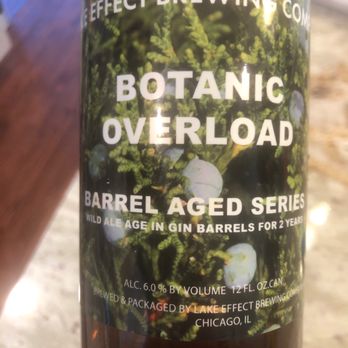 Lake Effect Brewing Company - Botanic overload. Aged in gin barrels for 2 years. $13.00 for the big bottle which appears to be about 22 oz. - Breweries Near Me - Chicago, Illinois Lake Effect Brewing Company - Botanic overload. Aged in gin barrels for 2 years. $13.00 for the big bottle which appears to be about 22 oz. - Breweries Near Me - Chicago, Illinois