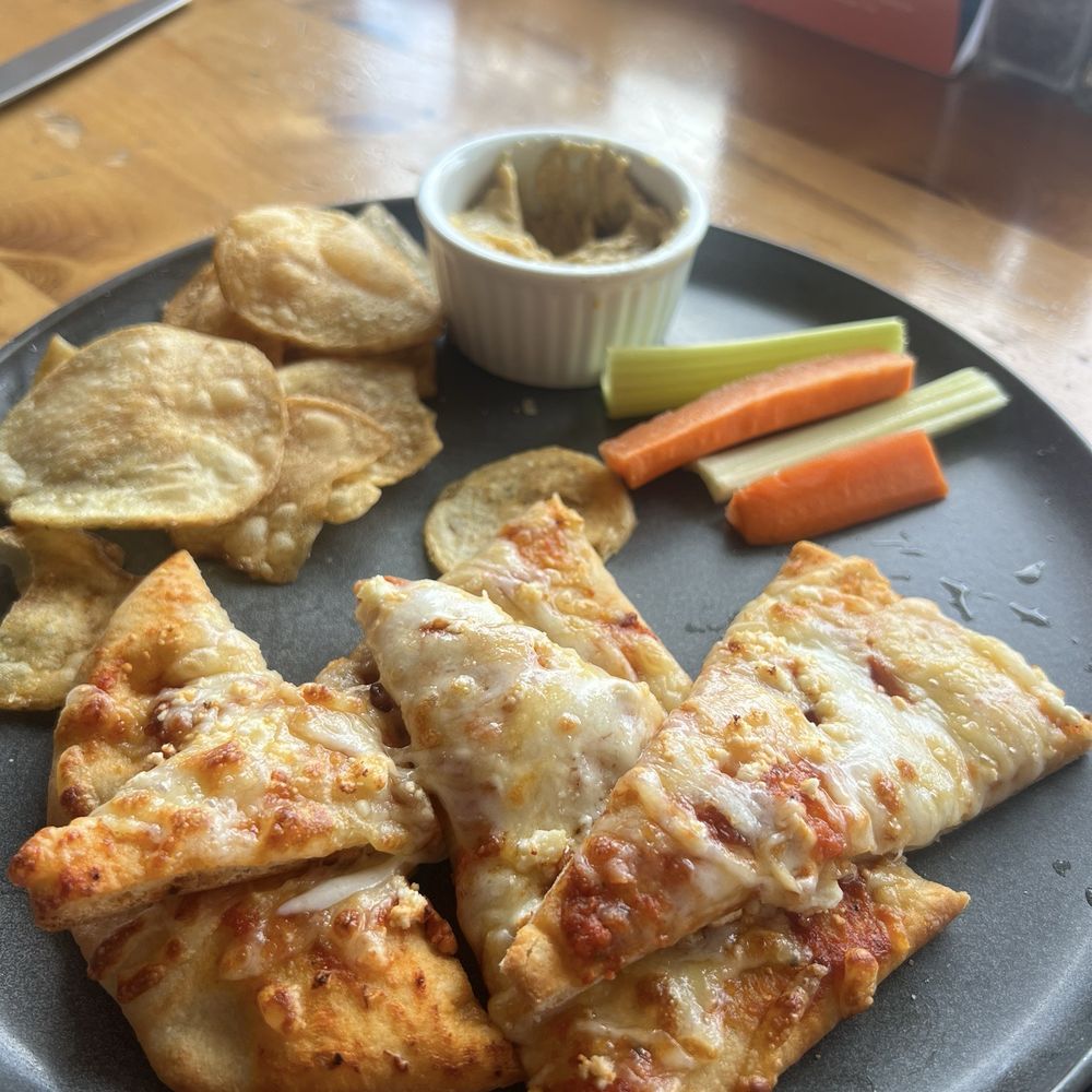 Cliffhouse Bistro - Kids portion cheese, pizza with hummus and chips - Canadian (New) Near Me - Mount Norquay, Alberta Cliffhouse Bistro - Kids portion cheese, pizza with hummus and chips - Canadian (New) Near Me - Mount Norquay, Alberta