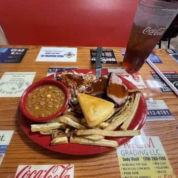 McGhin's Southern Pit Bar-B-Que - Sliced brisket, chopped pork, fries, Brunswick stew and cornbread - Barbeque Near Me - Griffin, Georgia McGhin's Southern Pit Bar-B-Que - Sliced brisket, chopped pork, fries, Brunswick stew and cornbread - Barbeque Near Me - Griffin, Georgia