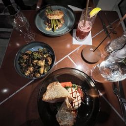 Burata salad, Brussels, and chicken.