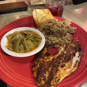 Razzoo's Cajun Cafe - Blackened Tilapia with dirty rice and cajun green beans....Scrumptious. - Cajun/Creole Near Me - Tyler, Texas