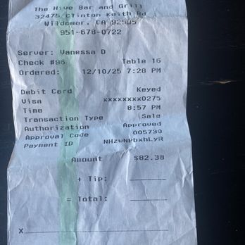 The Hive Bar & Grill - proof of dining and bill - American Near Me - Wildomar, California