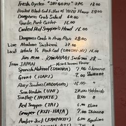 Daily special menu. Note the listing of fresh fish from Japan.