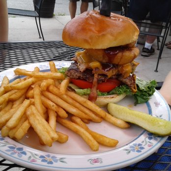 Oasis Cafe - Cowboy Burger with fries. BBQ, onion rings (plural) tom, lettuce, cheddar. Yum! - Breakfast & Brunch Near Me - Stillwater, Minnesota Oasis Cafe - Cowboy Burger with fries. BBQ, onion rings (plural) tom, lettuce, cheddar. Yum! - Breakfast & Brunch Near Me - Stillwater, Minnesota
