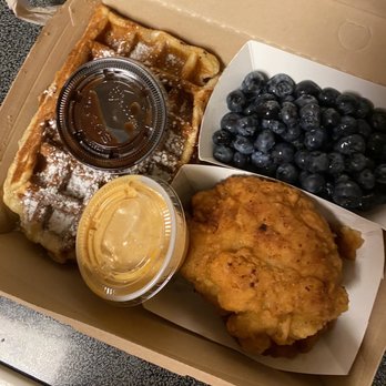 T & J Waffles - Chicken and waffles with blueberries and chocolate sauce - Waffles Near Me - Laurel, Maryland