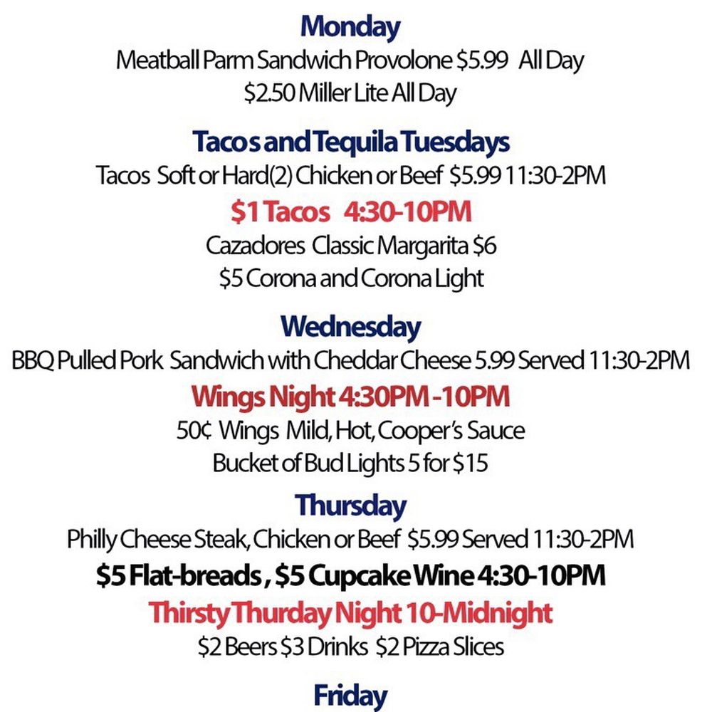 Cooper's Riverview - Specials list. - Bars Near Me - Trenton, New Jersey