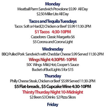Cooper's Riverview - Specials list. - Bars Near Me - Trenton, New Jersey