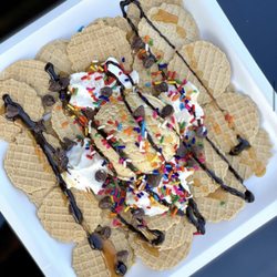 Dough Girl Confections - Cookie Dough Nachos! The Ultimate Dessert...Waffle Cone Chips with a Scoop of Cookie Dough topped with Chocolate Caramel and Whip Cream!
