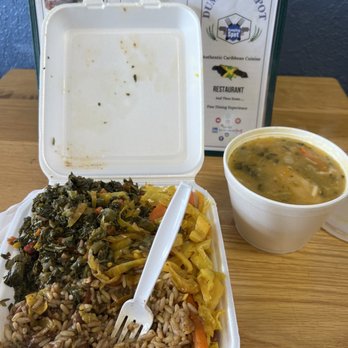 Dumpling Spot - White Rice and Peas, Cabbage, callaloo, and boiled dumpling with a side of vegetable soup. - Caribbean Near Me - Orlando, Florida Dumpling Spot - White Rice and Peas, Cabbage, callaloo, and boiled dumpling with a side of vegetable soup. - Caribbean Near Me - Orlando, Florida