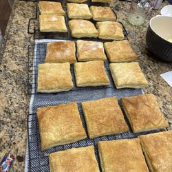 Puff pastry's filled with light frosting and your choice of cherry, apple, peach, or strawberry filling all made in house