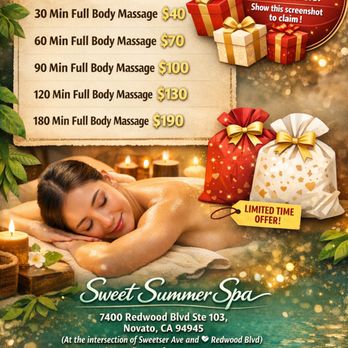 Sweet Summer Spa - Sweet Summer Spa
7400 Redwood Blvd
Ste 103
Novato, CA 94945 - Massage Near Me - Novato, California Sweet Summer Spa - Sweet Summer Spa
7400 Redwood Blvd
Ste 103
Novato, CA 94945 - Massage Near Me - Novato, California