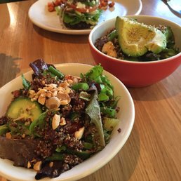 Half orders of the med chopped salad and teriyaki Quinoa bowl. Full order of the inside out Quinoa burger. Half orders of the med chopped salad and teriyaki Quinoa bowl. Full order of the inside out Quinoa burger.