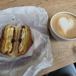Bacon & egg sandwich, mocha Bacon & egg sandwich, mocha