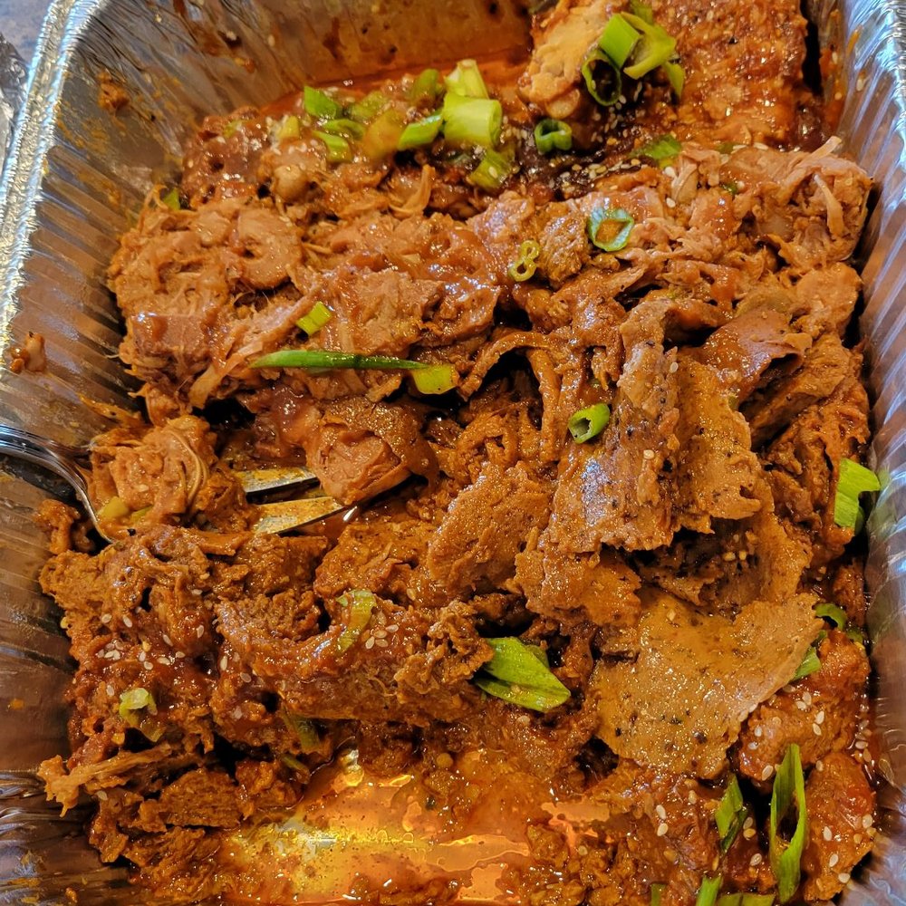 Blatch's Backyard BBQ - On the top, Korean BBQ, the Smoked Jackfruit, Seitan Brisket, and the Tempeh Burnt Ends. - Vegan Near Me - Salt Lake City, Utah