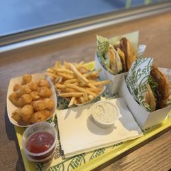Cheeseburger, hamburger, S&V Tots, Fries, and $1 Dill Ranch.