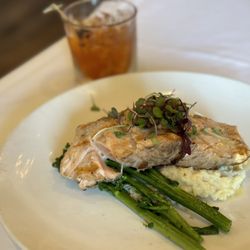 Federal American Grill - Grilled Salmon Dinner with mushroom risotto and asparagus. Along with a $5 old fashioned at lunch (11a-3p)