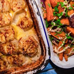 Big Fig - Onion gratin, roast cumin carrots with tahini sauce.