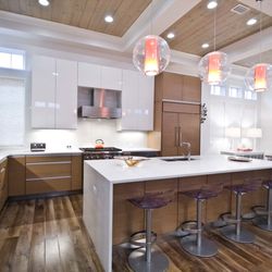 Sims-Lohman Fine Kitchens and Granite - Modern, Contemporary, Slab Door Style, High Gloss, Waterfall Island, Waterfall Countertop, Quartz,