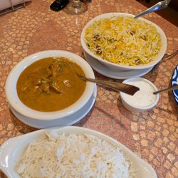 Biryani Joint - Chicken 65 Biryani (top), Butter Chicken (middle) with jasmine rice (bottom)