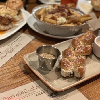 Barrel & Bushel - Pretzel  and Fries in the Background - Bars Near Me - Tysons Corner, Virginia