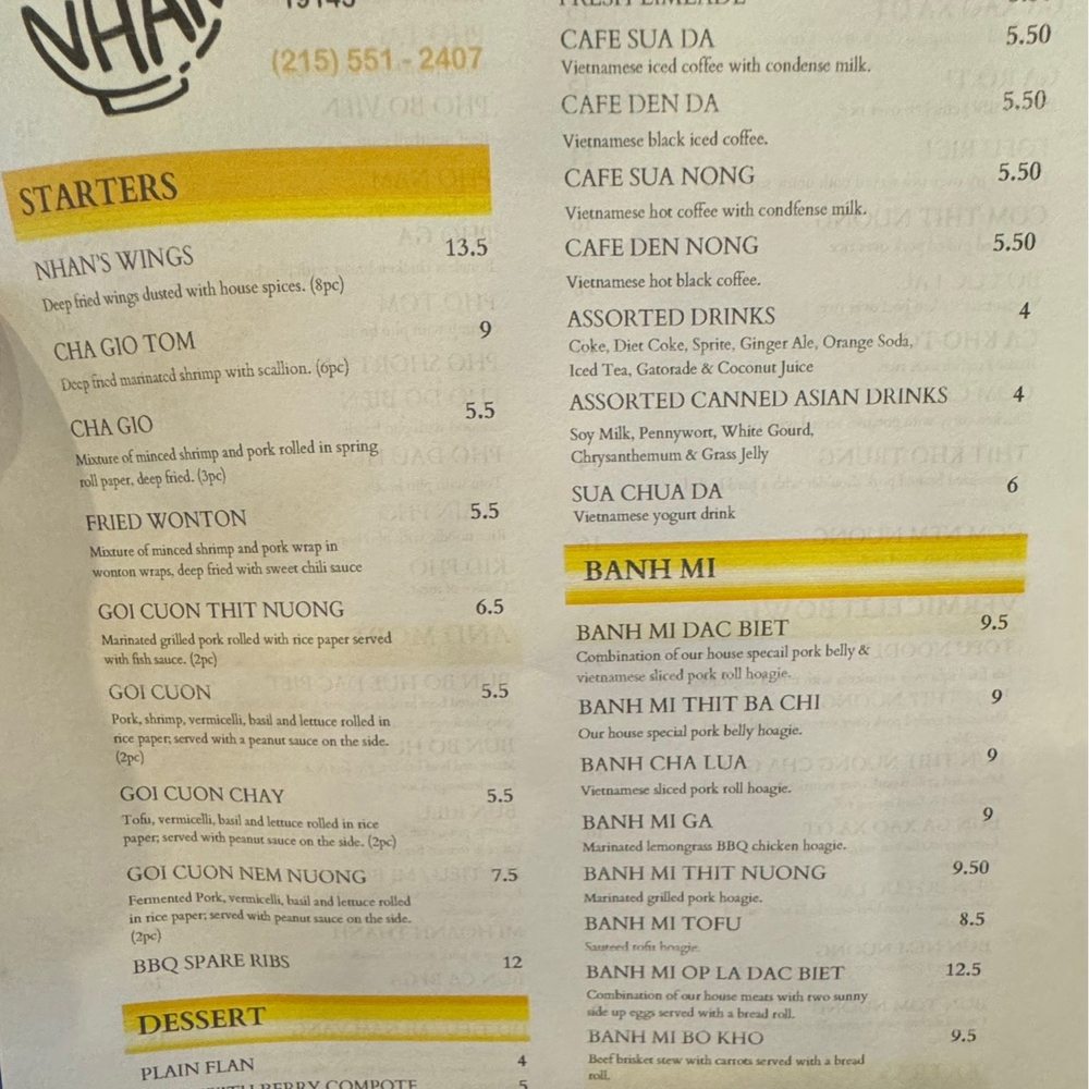 Cafe Nhan - Menu a/o 5/26/2025 - Vietnamese Near Me - Philadelphia, Pennsylvania