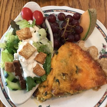 The Oak Table Cafe - Bacon quiche with a side salad and fresh fruit. - Breakfast & Brunch Near Me - Sequim, Washington