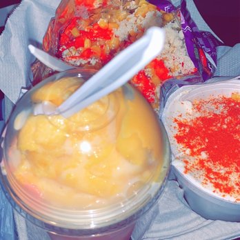 Paleteria La Reina - Strawberry/ Mango nieve w/ la lechera, Medium corn in a cup, & a marranada - Ice Cream & Frozen Yogurt Near Me - New Braunfels, Texas