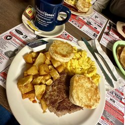 Hometown Breakfast... two scrambled eggs, home fries, locally sourced sausage, and a split biscuit crisped on the flat top... yum!
