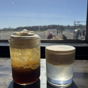 Pilot Light - Coconut juice with cafe foam. Forgot what the drink on the left was, but it was good! - Breakfast & Brunch Near Me - Half Moon Bay, California