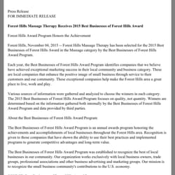 Forest Hills Massage Therapy - 2015 press release of the best business in Forest Hills in the category of Massage: