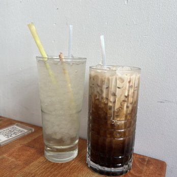 Fish Cheeks - Pandan Lemongrass Iced Tea ($8) and Thai iced coffee ($8) - Seafood Near Me - New York, New York Fish Cheeks - Pandan Lemongrass Iced Tea ($8) and Thai iced coffee ($8) - Seafood Near Me - New York, New York