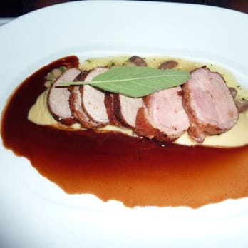 Spago - Bacon Wrapped Kurobuta Pork Tenderloin with Roasted Apples, Spiced Marcona Almonds and Yukon Potato Purée - New American Near Me - Beverly Hills, California Spago - Bacon Wrapped Kurobuta Pork Tenderloin with Roasted Apples, Spiced Marcona Almonds and Yukon Potato Purée - New American Near Me - Beverly Hills, California