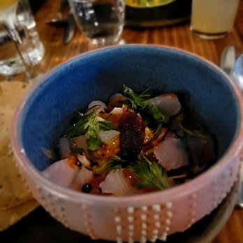 Claro - Fluke and scallop Aguachile with satsuma mandarin, blood orange, charred habanero oil, spicy peanut oil fluke. Very spicy but tasty. - Mexican Near Me - Brooklyn, New York