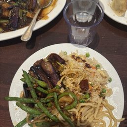 Eggplant in Garlic Sauce, chow mien, Shrimp Fried Rice, Dry Sauteed String Beans