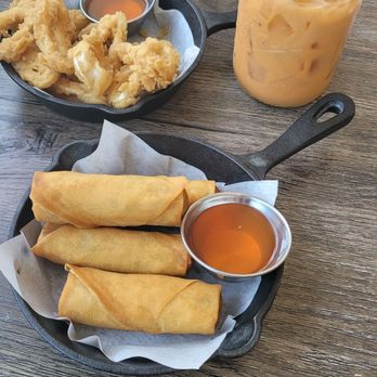Charm - Thai Home Cooking - Calamari an eggs rolls with a Thai Tea DELICIOUS - Thai Near Me - Duarte, California Charm - Thai Home Cooking - Calamari an eggs rolls with a Thai Tea DELICIOUS - Thai Near Me - Duarte, California