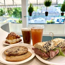 Sift Bake Shop - Roast beef sandwich ($11), sugar cookie & chocolate chip walnut cookie ($4 each), arnold palmer, hazelnut latte, almond croissant