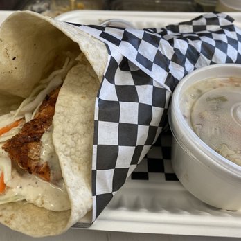 A&H Curbside grill - One of our fish "tacos" with our house clam chowder - Food Trucks Near Me - Chimacum, Washington A&H Curbside grill - One of our fish "tacos" with our house clam chowder - Food Trucks Near Me - Chimacum, Washington