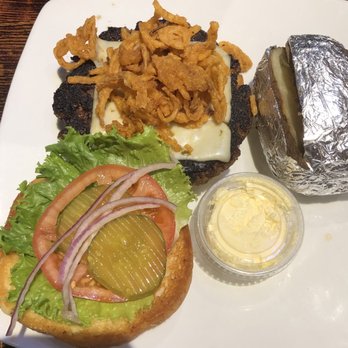 13 Bones - Blackened cheese burger with fried onion, baked potato- awesome! - Salad Near Me - Mount Airy, North Carolina
