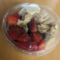 Chia oatmeal bowl with strawberries and bananas.