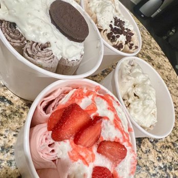 The Rainbow Rolls - Cookies and Cream Emmy's Coffee Funky Monkey Strawberry Fields - Ice Cream & Frozen Yogurt Near Me - Center Moriches, New York