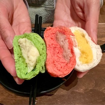 Dumpling Time - Trio of Buns (inside): matcha & milk; taro & beet; egg yolk custard - Asian Fusion Near Me - San Jose, California
